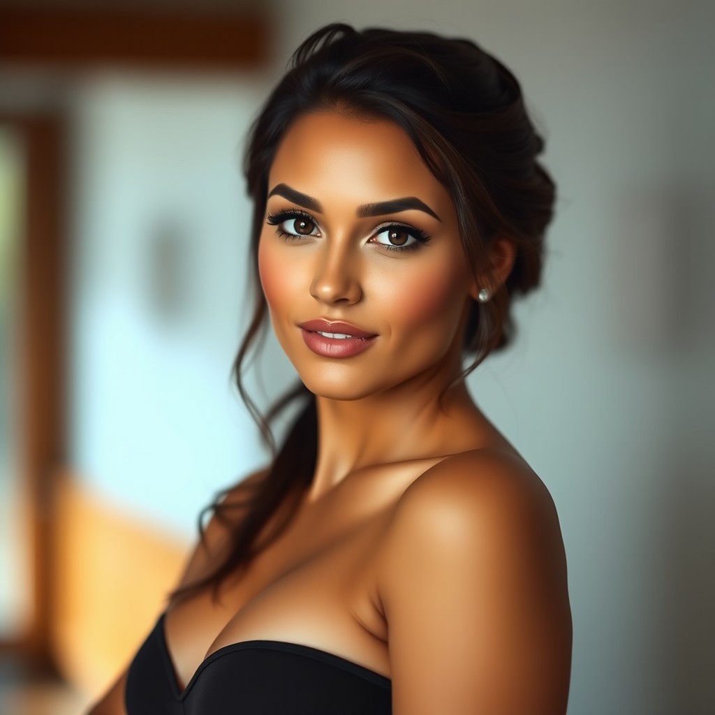 A beautiful woman with a medium bust and curvy figure, showcasing a slim waist