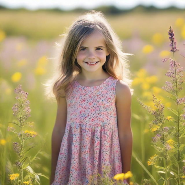 A young girl with lively eyes and a bright smile, wearing a colorful dress, standing in a sunlit meadow filled with wildflowers