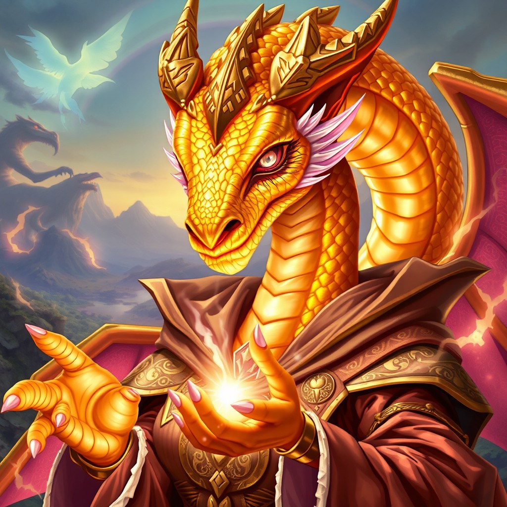 A stunning female gold dragonborn, embodying a serpentine face shape with sharp, defined features