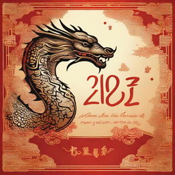 A beautiful greeting card for the 2024 Chinese New Year, Year of the Dragon, embellished with golden text messages, traditional Chinese patterns, and an artful, radiant dragon centerpiece.