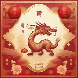 A beautiful greeting card for the 2024 Chinese New Year, Year of the Dragon, embellished with golden text messages, traditional Chinese patterns, and an artful, radiant dragon centerpiece.