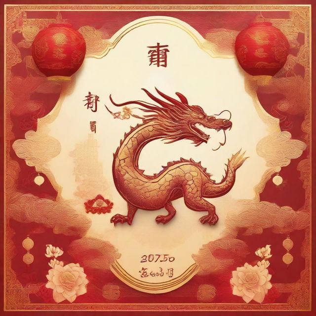 A beautiful greeting card for the 2024 Chinese New Year, Year of the Dragon, embellished with golden text messages, traditional Chinese patterns, and an artful, radiant dragon centerpiece.