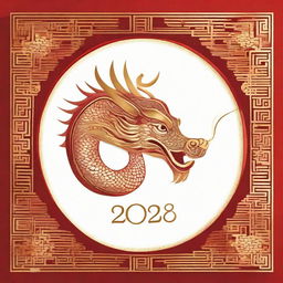 A beautiful greeting card for the 2024 Chinese New Year, Year of the Dragon, embellished with golden text messages, traditional Chinese patterns, and an artful, radiant dragon centerpiece.