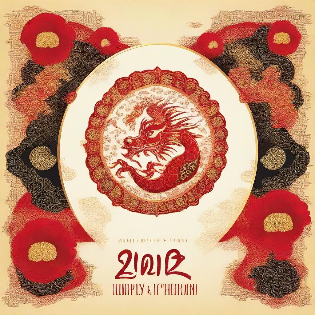 A beautiful greeting card for the 2024 Chinese New Year, Year of the Dragon, embellished with golden text messages, traditional Chinese patterns, and an artful, radiant dragon centerpiece.