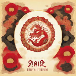 A beautiful greeting card for the 2024 Chinese New Year, Year of the Dragon, embellished with golden text messages, traditional Chinese patterns, and an artful, radiant dragon centerpiece.