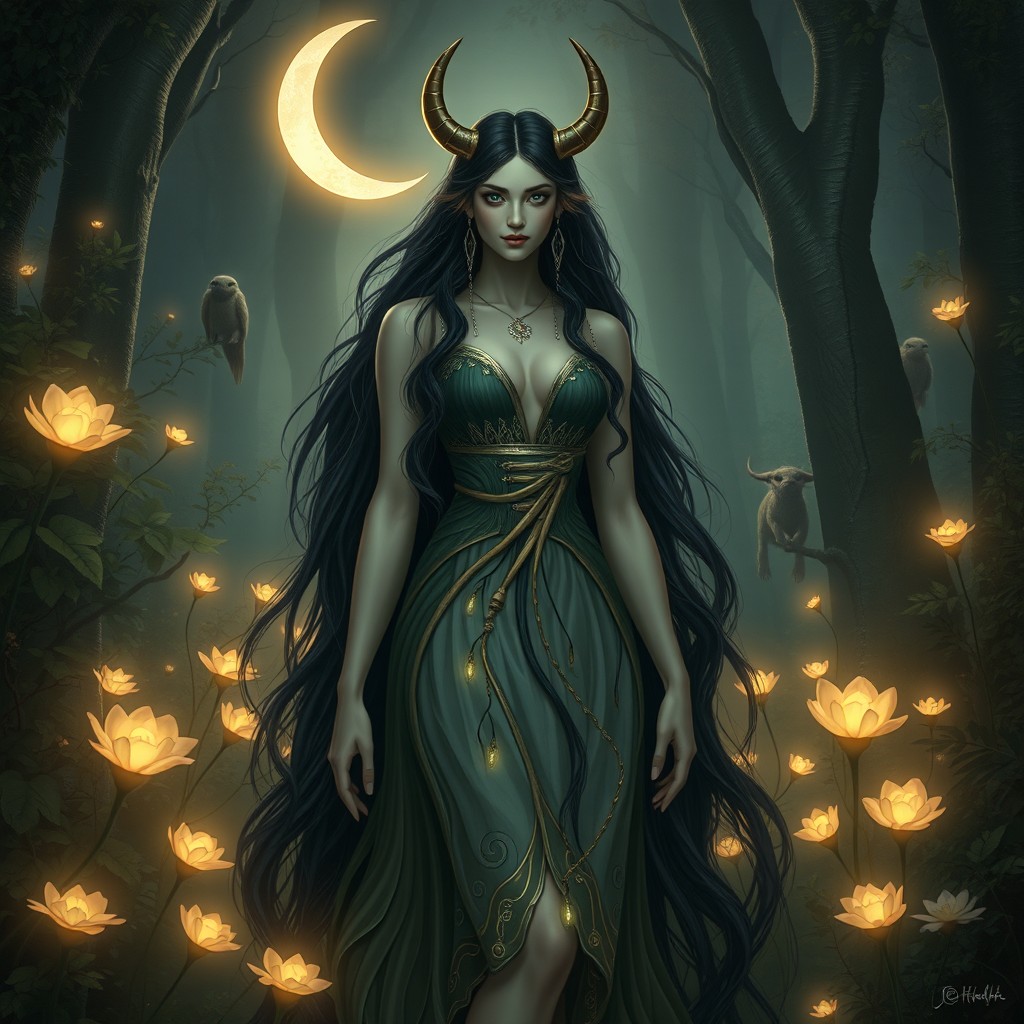 A stunning portrayal of Lilith, often depicted as a beautiful, ethereal figure with long flowing hair, wearing a gown that blends elements of nature and darkness