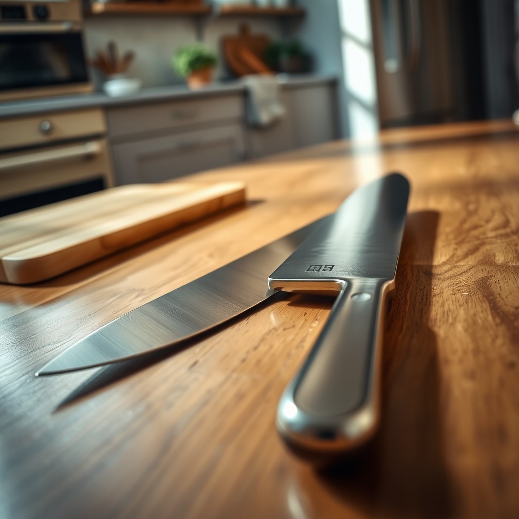 A clean, shiny kitchen knife lying on a polished wooden floor, with reflections of natural light shining off its blade