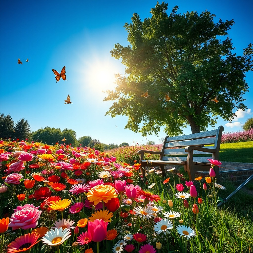 A sunny day in a vibrant flower garden, filled with a wide variety of colorful blossoms