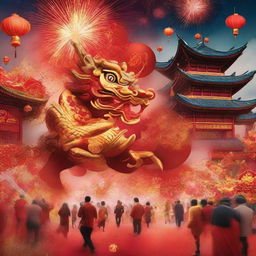 An intricate artwork for the 2024 Chinese New Year celebration, bursting with traditional Chinese symbols and decorations, highlighted with reds and golds, shimmering under a vibrant firework-lit sky.