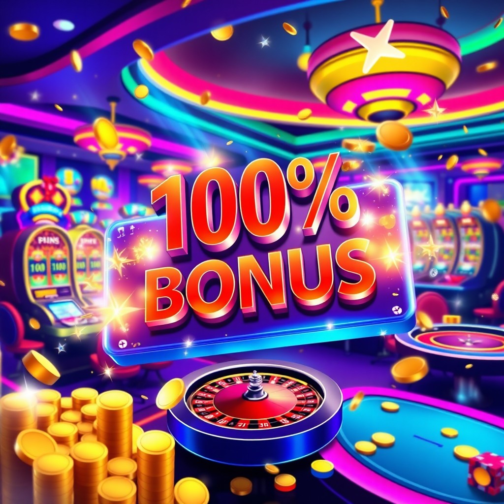 A vibrant and engaging digital illustration promoting a hypothetical online casino called '100% Bonus Legit Platform Casino'