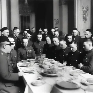The soldiers convivially celebrated the end of the war with a grand banquet.