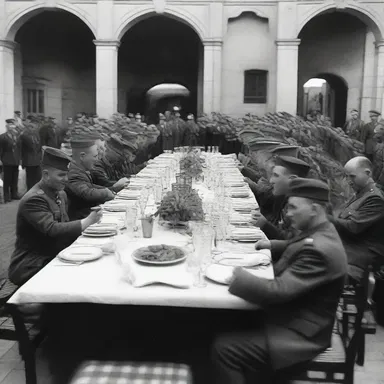 The soldiers convivially celebrated the end of the war with a grand banquet.