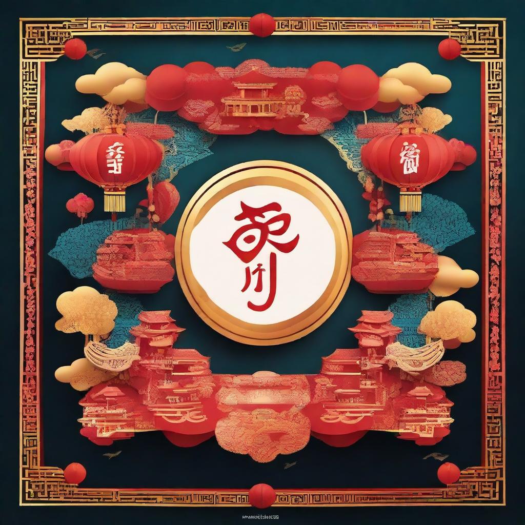 An extravagant greeting card design for the 2024 'Gong Xi Fa Cai' celebrations. The card features ornate Chinese calligraphy, traditional symbols, and vivid auspicious colors enhancing its festive spirit.