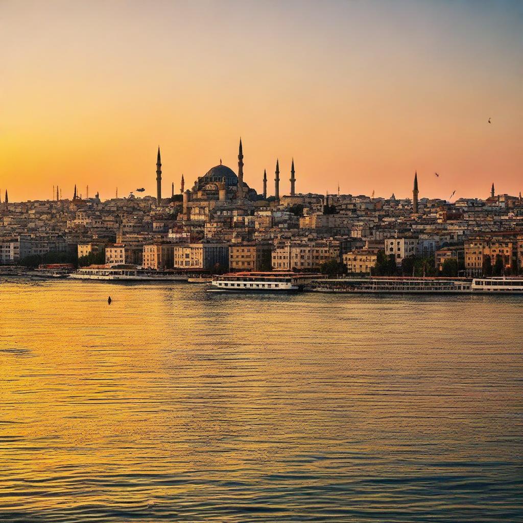 A panoramic view of Istanbul at sunset, where the silhouettes of mosques and buildings frame the horizon, warmed by vibrant colors of the setting sun reflecting on the Bosporus strait