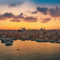 A panoramic view of Istanbul at sunset, where the silhouettes of mosques and buildings frame the horizon, warmed by vibrant colors of the setting sun reflecting on the Bosporus strait