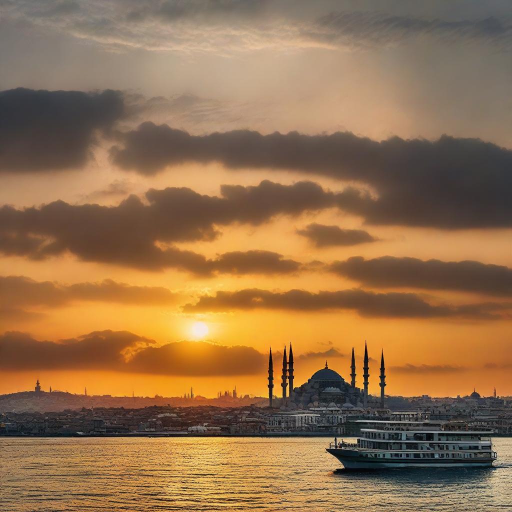 A panoramic view of Istanbul at sunset, where the silhouettes of mosques and buildings frame the horizon, warmed by vibrant colors of the setting sun reflecting on the Bosporus strait