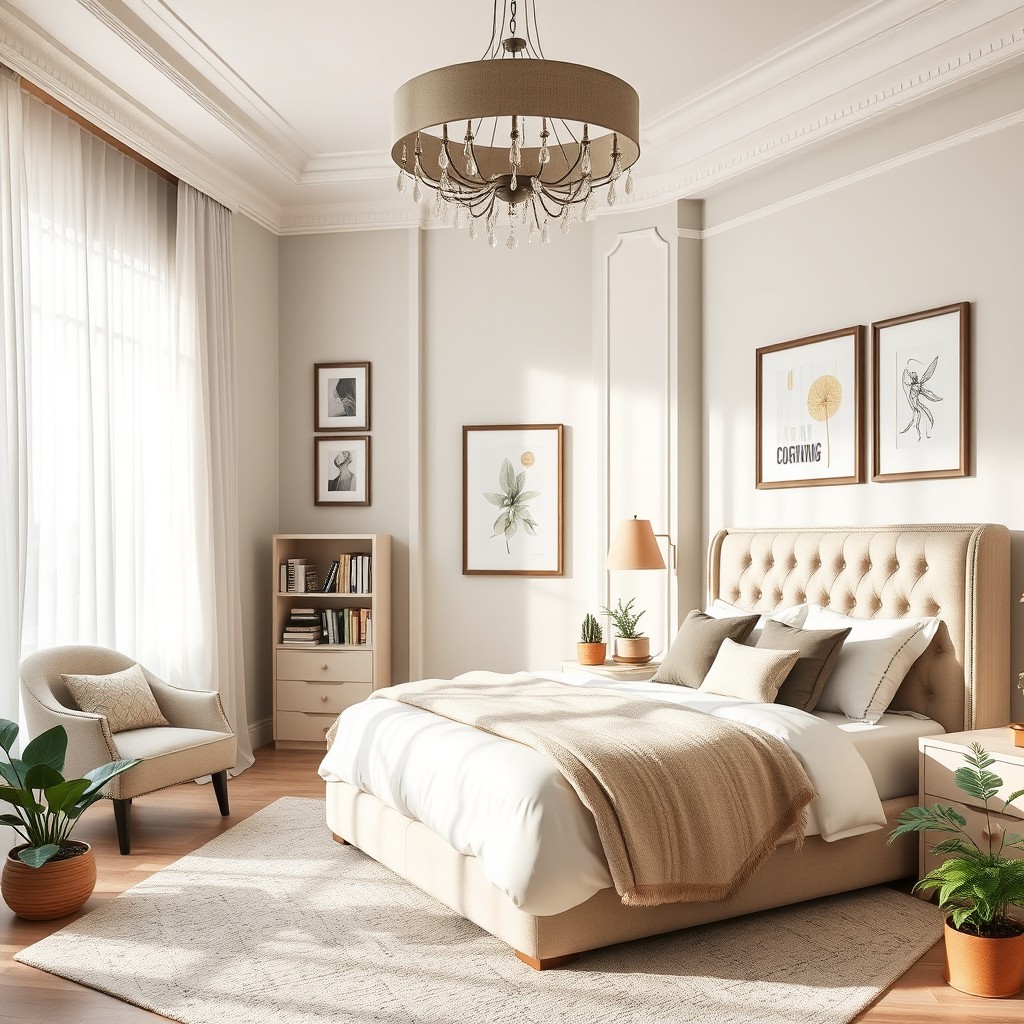 A beautifully designed bedroom featuring a large, plush king-size bed with a stylish headboard, fluffy pillows, and soft, inviting bedding