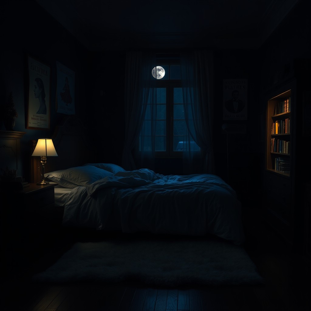 A dimly lit dark bedroom at night, featuring a large bed with rumpled sheets, soft pillows, and an ornate wooden headboard