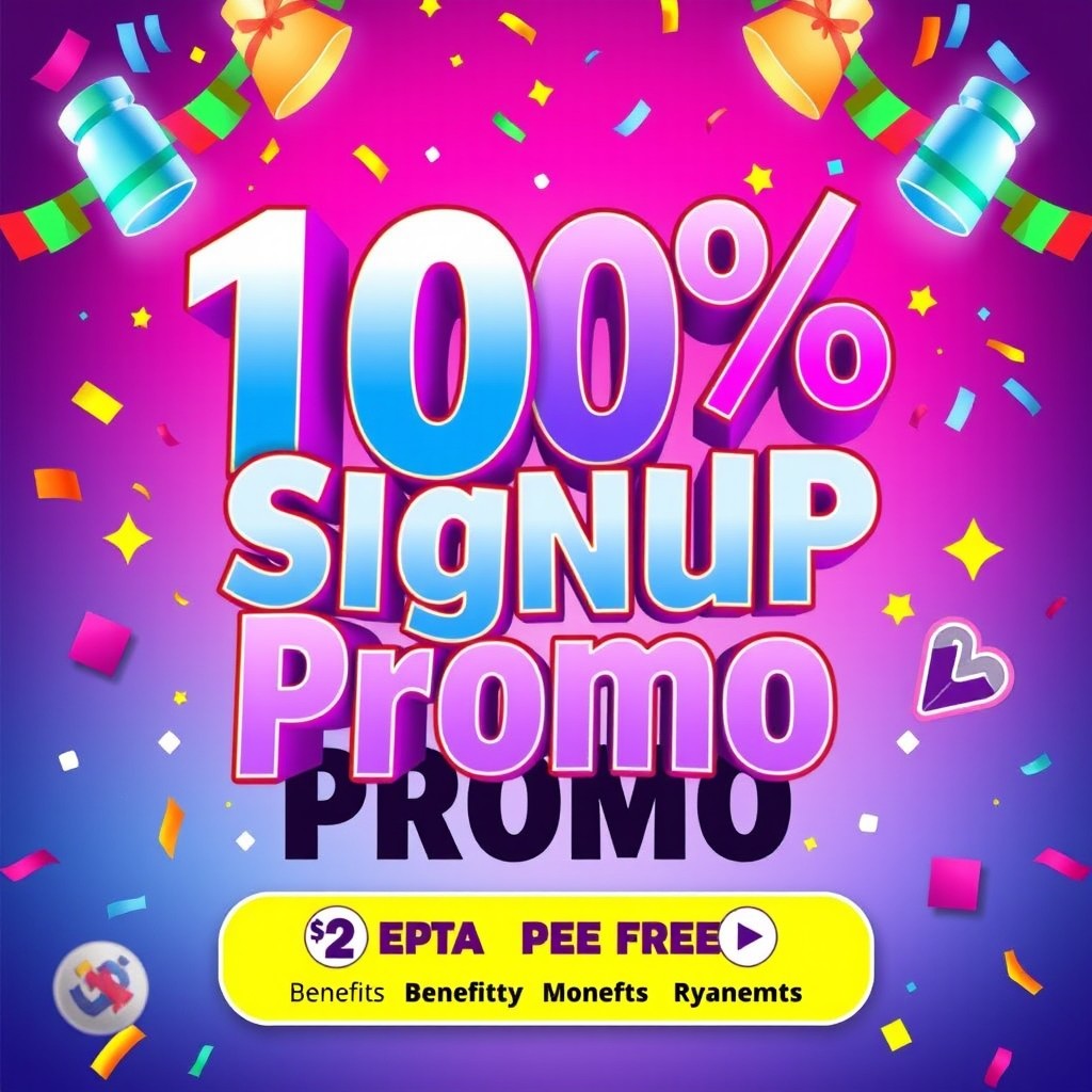 A vibrant and eye-catching promotional graphic for a 100% signup offer, featuring bold typography that reads '100% Signup Promo' in an exciting font