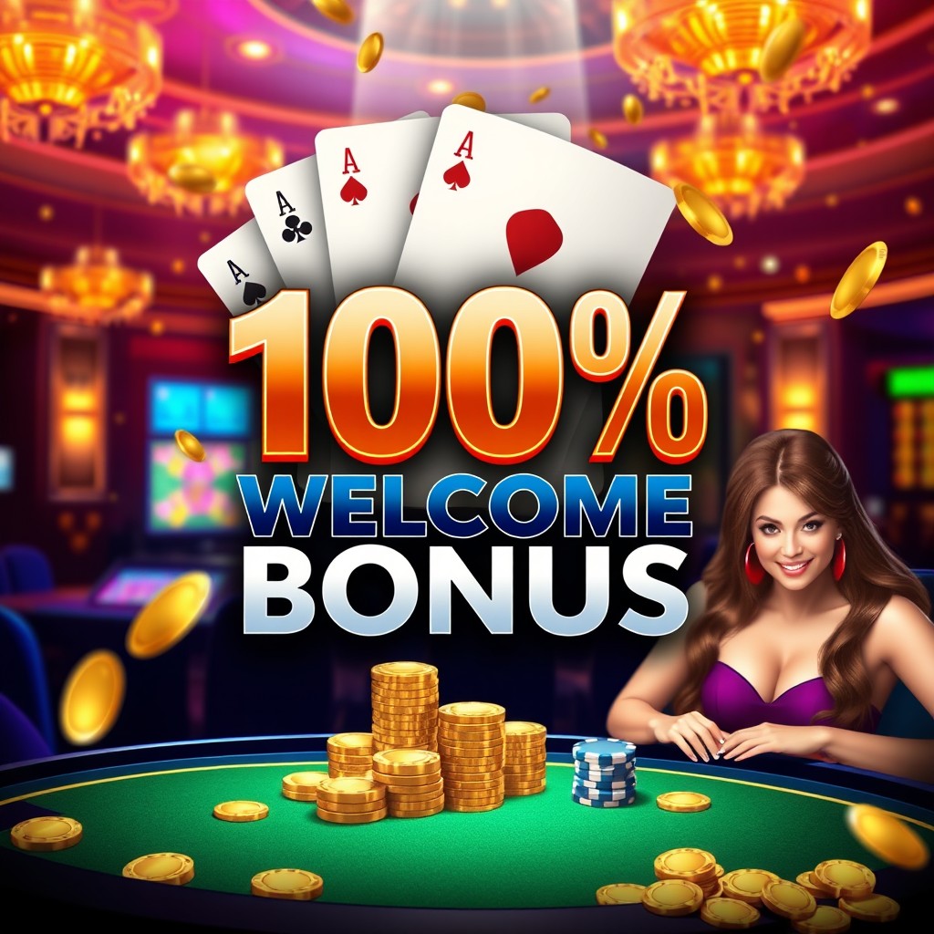 An enticing promotional banner for a welcome bonus advertisement, showcasing the text '100% Welcome Bonus' in bold, eye-catching typography