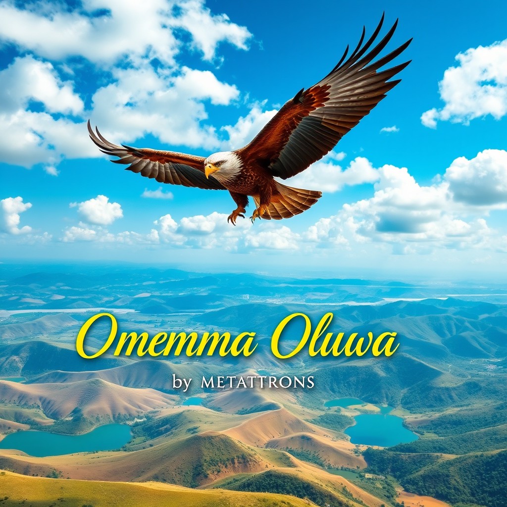 A stunning CD cover titled 'Omenma Oluwa by Metatrons' featuring an eagle soaring high in the sky