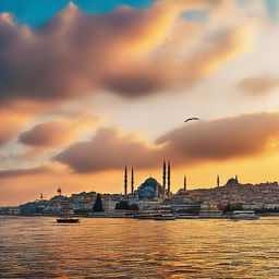 A panoramic view of Istanbul at sunset, where the silhouettes of mosques and buildings frame the horizon, warmed by vibrant colors of the setting sun reflecting on the Bosporus strait