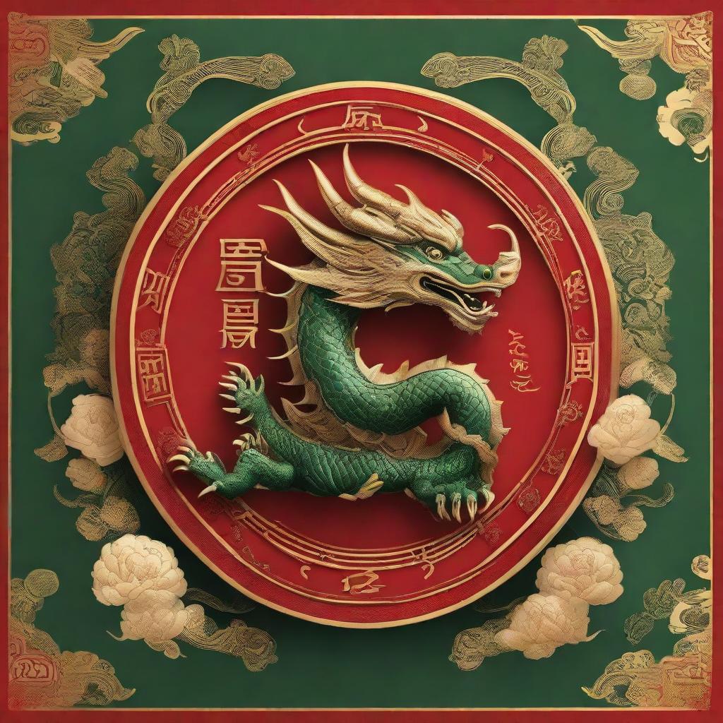 A striking greeting card wishing for 'Gong Xi Fa Cai' in the 2024 Year of the Wood Dragon. The design incorporates ornate green wooden dragon elements, traditional Chinese typography, and gold accents for an auspicious feel.