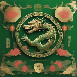 A striking greeting card wishing for 'Gong Xi Fa Cai' in the 2024 Year of the Wood Dragon. The design incorporates ornate green wooden dragon elements, traditional Chinese typography, and gold accents for an auspicious feel.