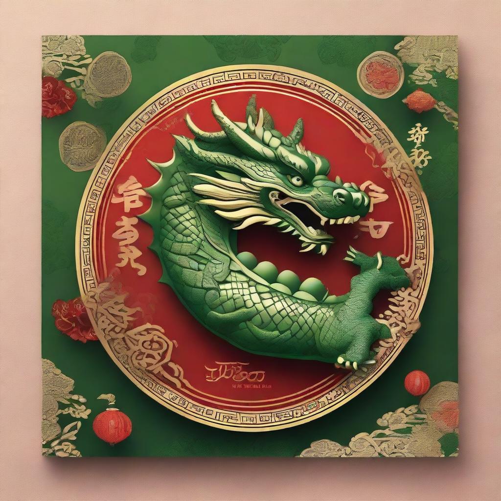 A striking greeting card wishing for 'Gong Xi Fa Cai' in the 2024 Year of the Wood Dragon. The design incorporates ornate green wooden dragon elements, traditional Chinese typography, and gold accents for an auspicious feel.