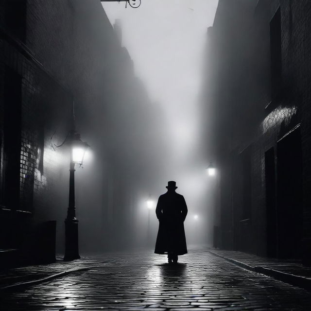 A gloomy Victorian London alleyway shrouded in fog, casting eerie shadows, showing a sinister figure silhouetted against the dim light of a gaslamp, depicting the horror and suspense surrounding Jack the Ripper.