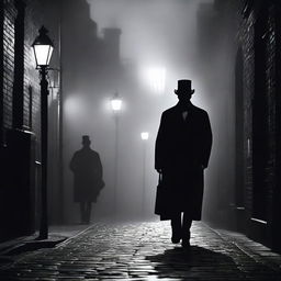 A gloomy Victorian London alleyway shrouded in fog, casting eerie shadows, showing a sinister figure silhouetted against the dim light of a gaslamp, depicting the horror and suspense surrounding Jack the Ripper.