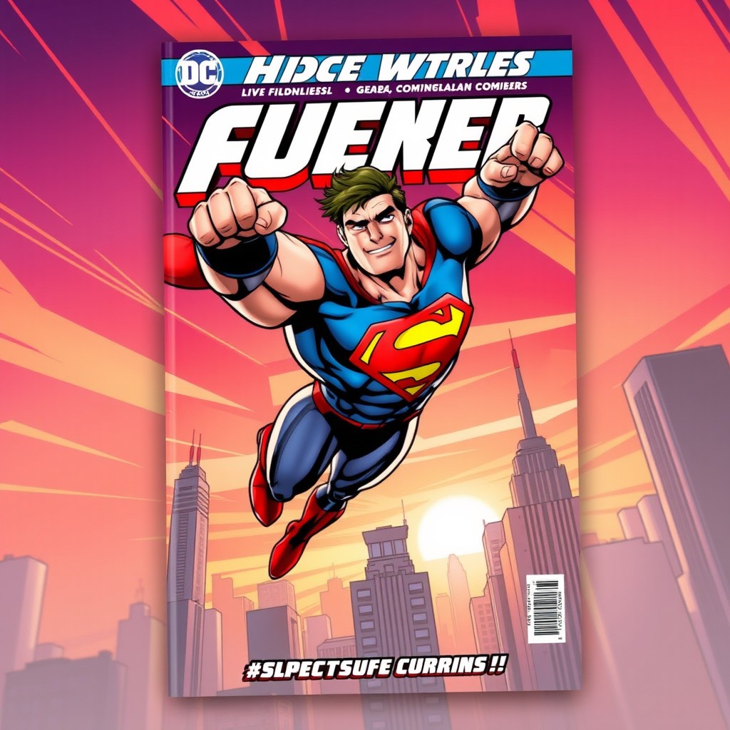 A dynamic comic book cover featuring a superhero in action