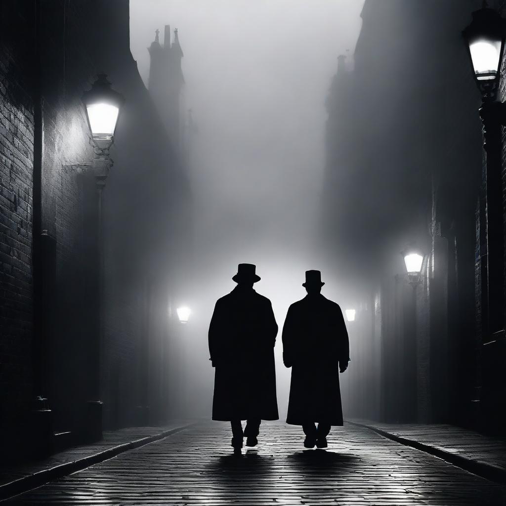 A gloomy Victorian London alleyway shrouded in fog, casting eerie shadows, showing a sinister figure silhouetted against the dim light of a gaslamp, depicting the horror and suspense surrounding Jack the Ripper.