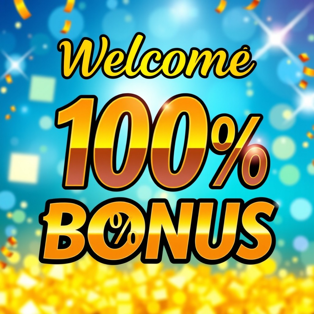 A vibrant and eye-catching promotional banner that reads 'Welcome 100% Bonus' in bold, stylish typography