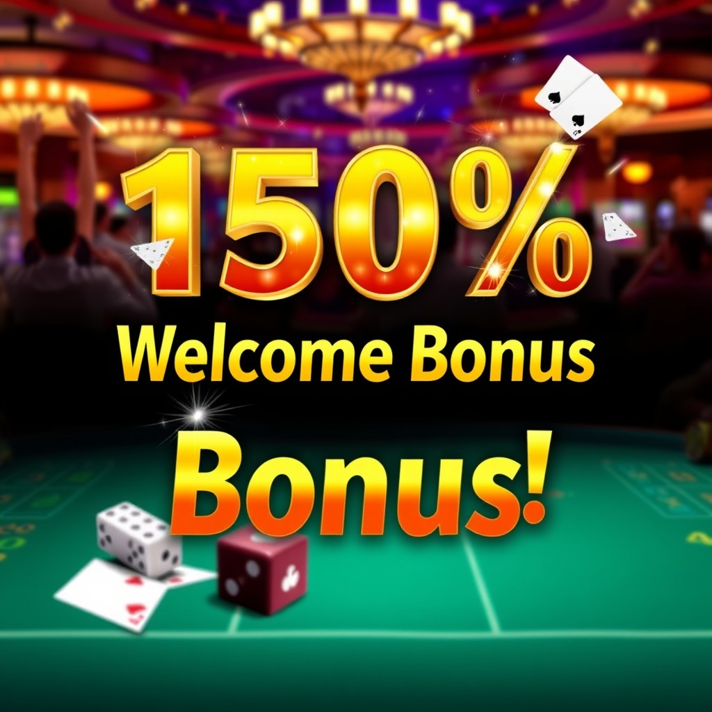 An alluring promotional banner showcasing a 150% Welcome Bonus for a gambling or gaming website