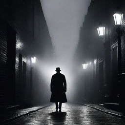 A gloomy Victorian London alleyway shrouded in fog, casting eerie shadows, showing a sinister figure silhouetted against the dim light of a gaslamp, depicting the horror and suspense surrounding Jack the Ripper.