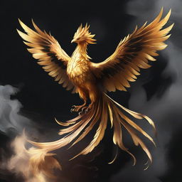 A majestic golden phoenix rising from a plume of black smoke.