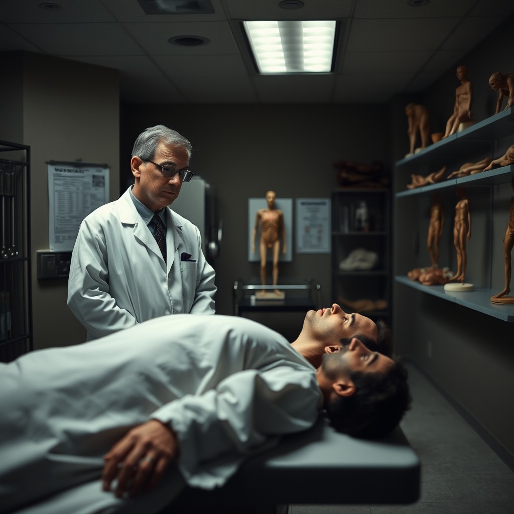 A somber scene in a mortuary, featuring a medical professional in a white lab coat observing a deceased individual on an examination table