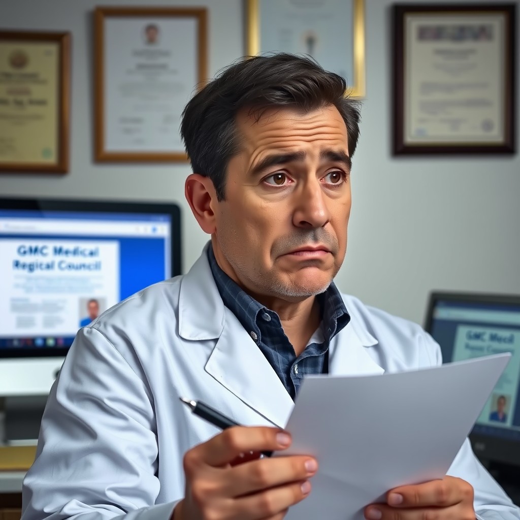 A scene depicting a doctor looking concerned as they are removing their registration from the General Medical Council (GMC)