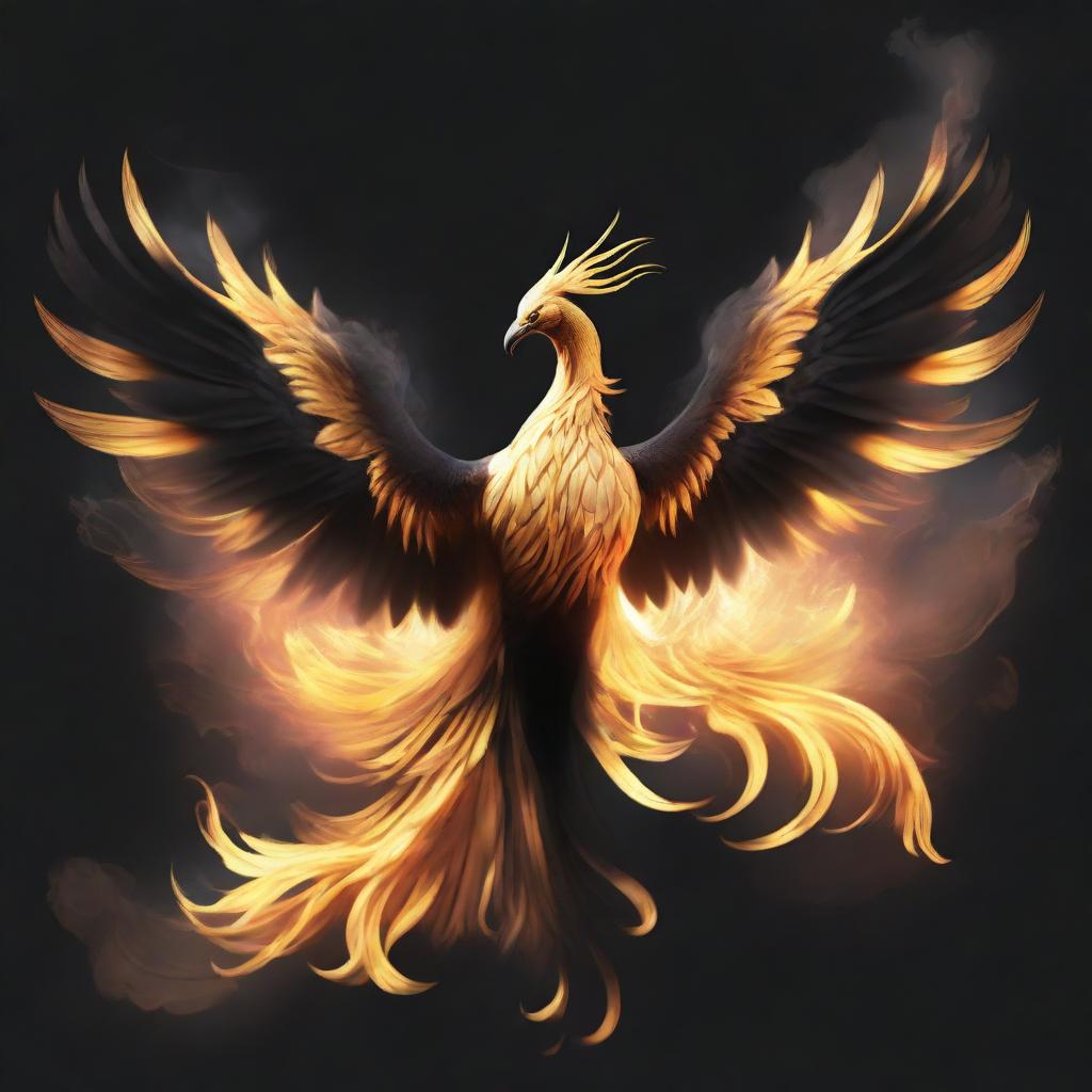 A majestic golden phoenix rising from a plume of black smoke.