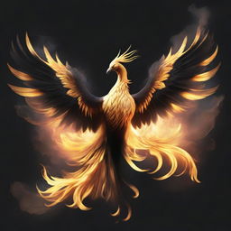 A majestic golden phoenix rising from a plume of black smoke.