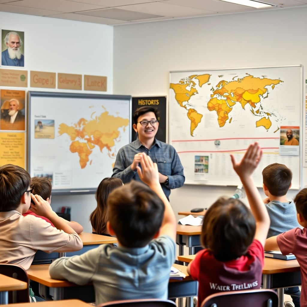 A dedicated male teacher in his late 30s, with short dark hair and glasses, enthusiastically teaching a group of middle school students about geography and history in a bright, inviting classroom