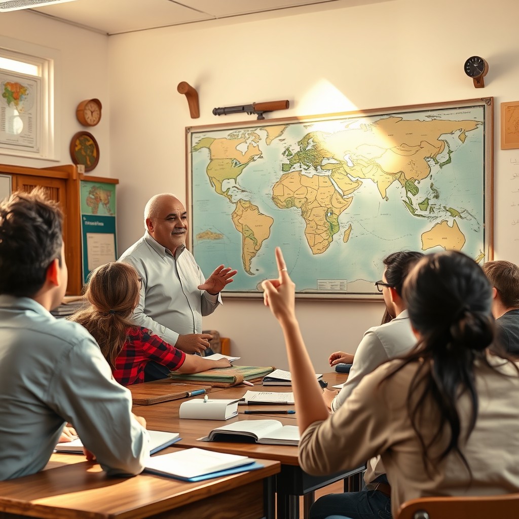 An Arabic teacher from the Eastern Arab world teaching high school students in a classroom setting