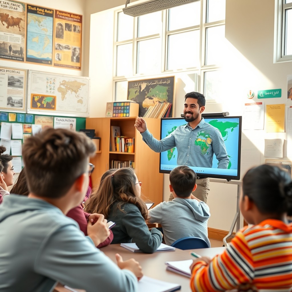 A young Arabic teacher from the Eastern Arab world teaching high school students in a vibrant classroom setting