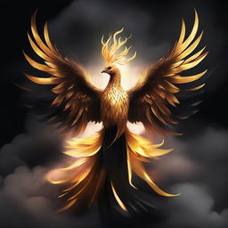 A majestic golden phoenix rising from a plume of black smoke.