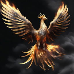 A majestic golden phoenix rising from a plume of black smoke.