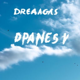 A stunning cerulean sky scattered with fluffy clouds. Birds soar gracefully underneath, captured mid-flight. The phrase 'DREAMY BEATS' is written boldly across the scene.