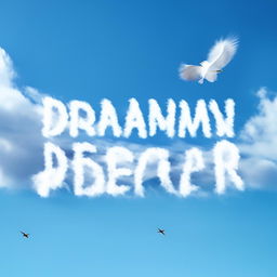 A stunning cerulean sky scattered with fluffy clouds. Birds soar gracefully underneath, captured mid-flight. The phrase 'DREAMY BEATS' is written boldly across the scene.