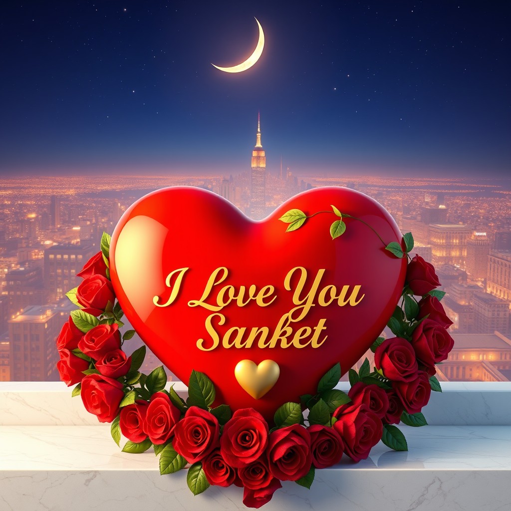 A romantic Valentine's Day digital artwork featuring a large bright red glossy heart with elegant 3D gold cursive text "I Love You Sanket" and a small golden heart nestled between the words, centrally positioned on a white marble ledge