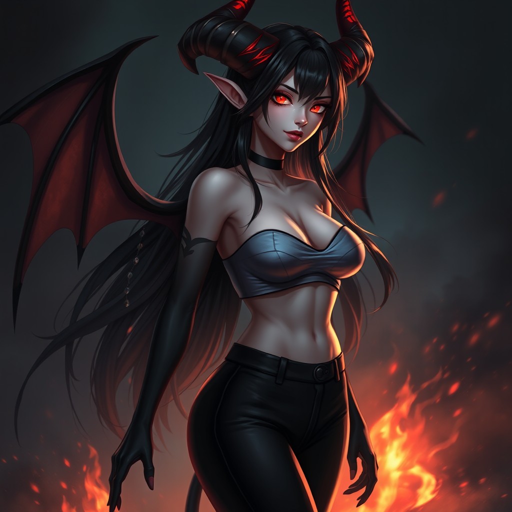 A striking female demon character with a captivating appearance, featuring glowing red eyes and an alluring expression
